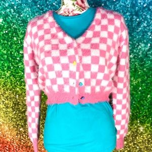 checkered pink cardigan